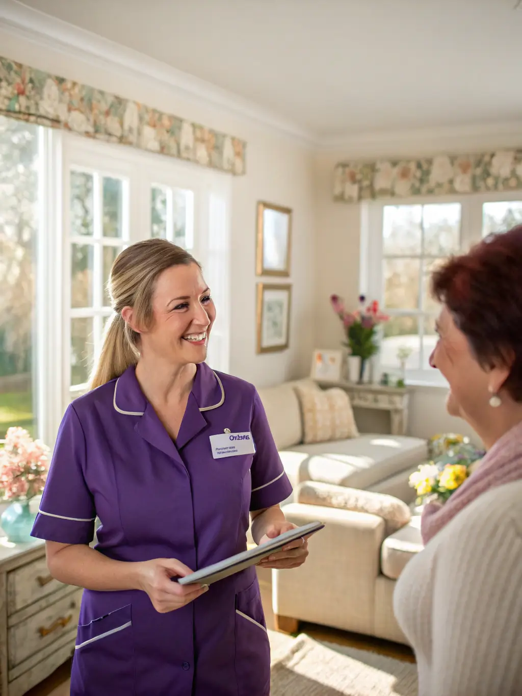 A high-resolution image of a Selka Cleaning Company professional interacting positively with a client in a spotless home, emphasizing trust and reliability.