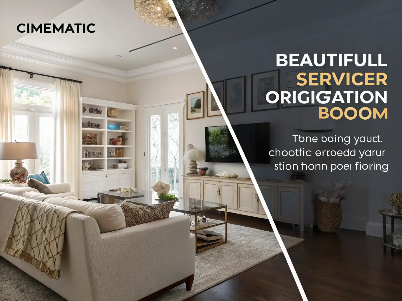 A high-resolution before-and-after photo showcasing a living room transformed by Selka Cleaning Company's residential cleaning service. The 'before' side shows a cluttered and dusty room, while the 'after' side reveals a spotless, organized, and inviting space with gleaming surfaces and neatly arranged furniture.