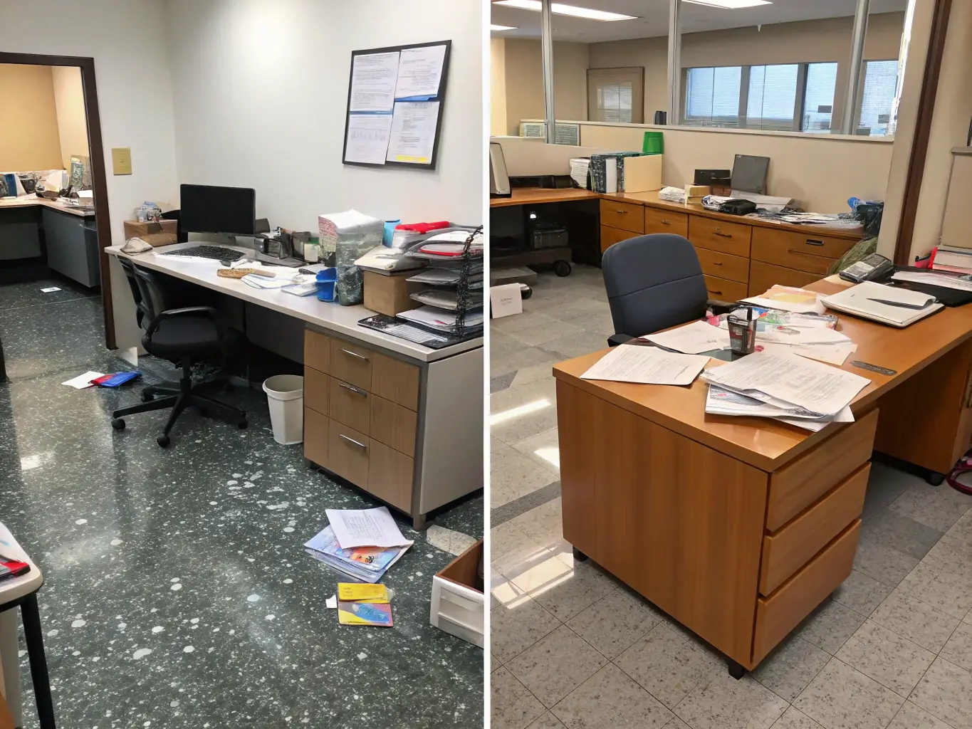 A high-resolution before-and-after photo showcasing an office space transformed by Selka Cleaning Company's commercial cleaning service. The 'before' side shows a messy and disorganized office, while the 'after' side reveals a clean, professional, and productive workspace with sanitized surfaces and tidy arrangements.