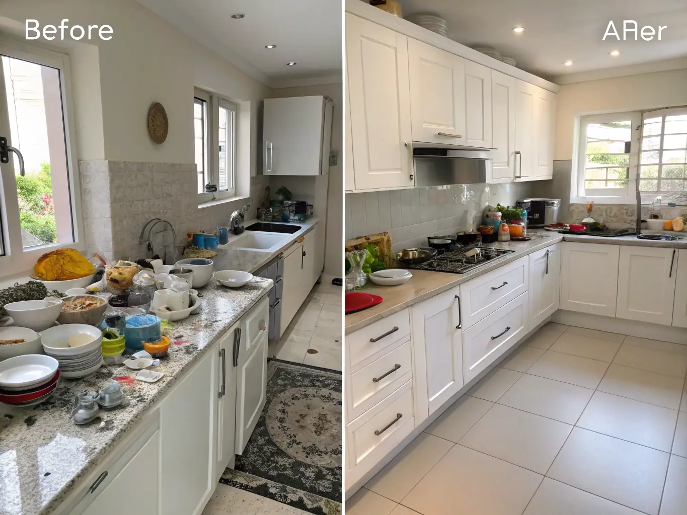 A high-resolution before-and-after photo showcasing a kitchen transformed by Selka Cleaning Company's deep cleaning service. The 'before' side shows a grimy and stained kitchen, while the 'after' side reveals a sparkling clean kitchen with spotless appliances and sanitized surfaces.